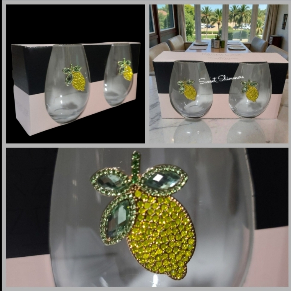2pc Rachel Zoe Lemon Jeweled Rhinestone Stemless Wine Glass Cocktail Set NEW